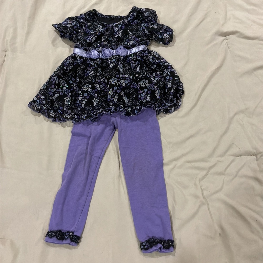 Wonder Kids Two Piece Set Floral‎ Glittery Dress Matching Pants Purple Black 2t